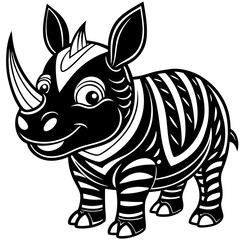 Rhino Cute Cartoon Vector: Black and White Animal Illustration Set