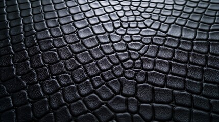 A close-up view of textured black leather, featuring a reptilian pattern that creates a striking visual effect.