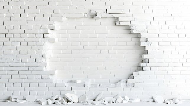 Fototapeta Hole in white brick wall, broken bricks on floor.