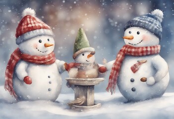birds scarf holidays snowy bird feeder winter christmas merry cute snowman drawn snowmen hand hold hat postcard card landscape funny watercolor field illustration frame composition character concept