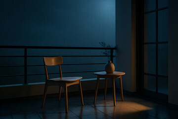 chair and table at night
