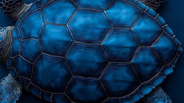 A close-up of a turtle shell, showcasing a striking blue hue and a hexagonal pattern.