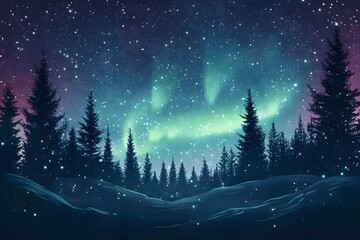 Fototapeta premium Winter forest under starry night aurora borealis
