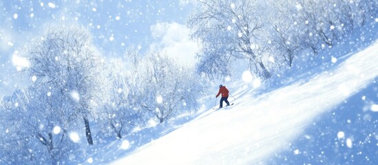 Skier in snowy woods, winter landscape, snowfall