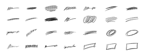 Set of line brush marker, pen, pencil stroke grunge vector. Line brush marker scribble sketch underline. Hand drawn doodle pencil scratch mark. Black pen hand drawn collection