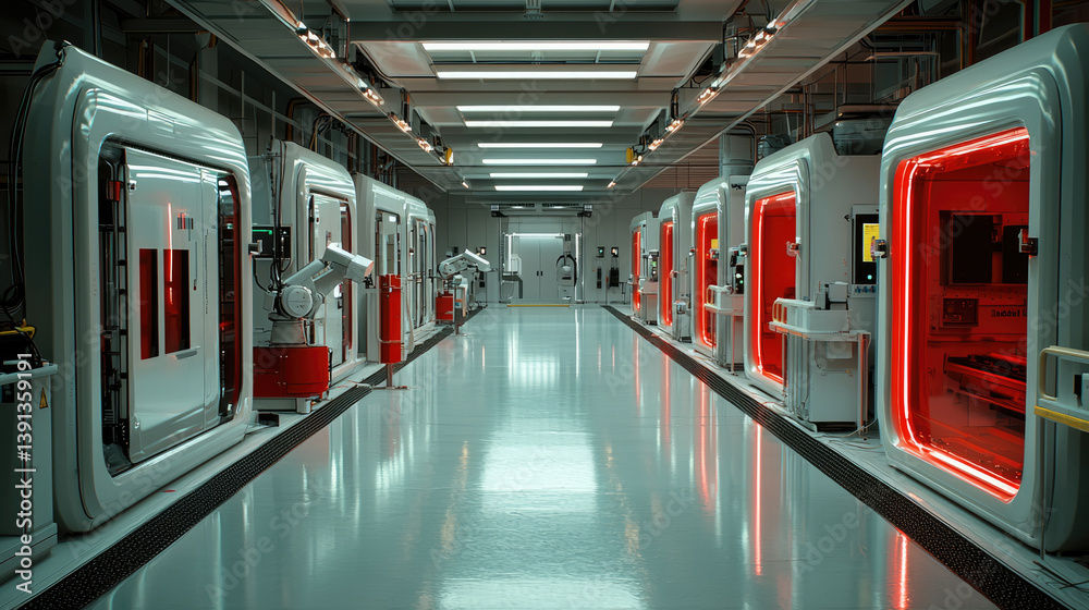 Fototapete automated factory with robotic arms and illuminated workstations, showcasing advanced technology and