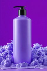 Elegant purple shampoo bottle with black pump on a textured surface against a vibrant purple backdrop creating a minimalist and modern aesthetic