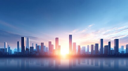 Fototapeta premium A stunning skyline at sunrise, showcasing modern skyscrapers reflecting light over a calm water body.
