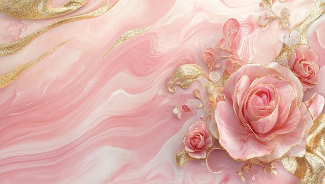 Delicate pink roses and gold accents on a marbled background