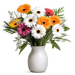 Fototapeta premium A vibrant bouquet of gerbera daisies in a white vase, featuring pink, orange, white, and purple flowers, complemented by green foliage.