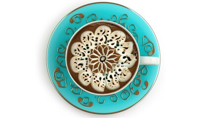 A delightful cup of cappuccino, adorned with stunning latte art, is served in a charming turquoise cup and saucer, all distinctly isolated on a clean white background, a wonderful creation by generati