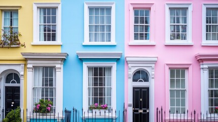Fototapeta premium Pastel-colored London houses, vibrant facade, floral accents, city street, real estate