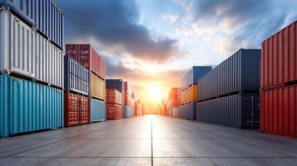 A vibrant sunset illuminates a row of shipping containers in a warehouse, creating a striking industrial landscape.