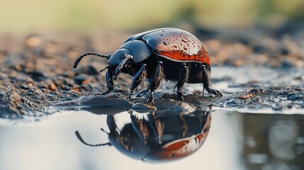 A detailed macro of a beetle walking through a tiny puddle, with its reflection visible in the water.