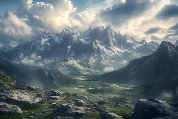 Majestic mountain range panorama, sunlit valleys, and alpine scenery
