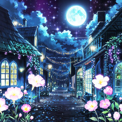 Fototapeta premium A magical town at midnight, featuring glowing flowers, fairy lights, and mystical moon.