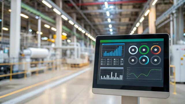 Carbon Reduction concept. A digital display in a factory setting showcases various analytics and performance metrics, highlighting data visualization for operational efficiency.