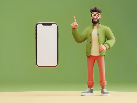 handsome man standing next to smartphone with a white screen, pointing at the phone and showing it on his finger, against a green background in a living room scene