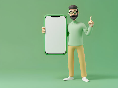 handsome man standing next to smartphone with a white screen, pointing at the phone and showing it on his finger, against a green background in a living room scene