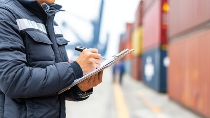A worker in a jacket takes notes on a clipboard while standing near colorful shipping containers in a port setting.