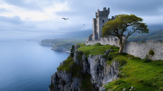 Classiebawn Castle standing on a cliff overlooking the sea in Mullaghmore Head, County Sligo, Ireland
