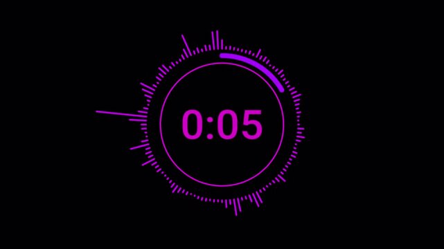 Futuristic 30 seconds countdown timer with audio wave on black background, 30 to 0 seconds timer countdown with audio spectrum animation.