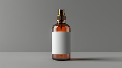 Amber spray bottle with blank label on a neutral background. Perfect for cosmetic or skincare product mockups, offering a clean, minimal, and modern aesthetic for branding