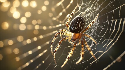 A macro shot of a spider spinning silk, with intricate web threads glistening in the sunlight.