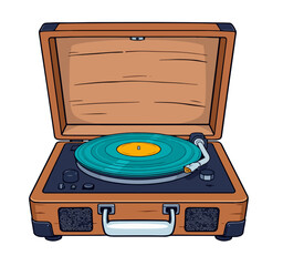 Fototapeta premium Front view illustration of a vintage portable suitcase record player. Features a wooden-style case with a handle, built-in speakers, and an open lid. A turquoise vinyl record is playing on the turntab