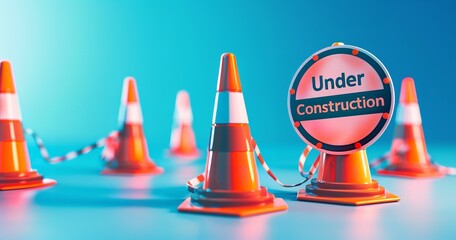 Traffic cones with the warning sign "Under Construction" shown against a bright backdrop, Generative AI.
