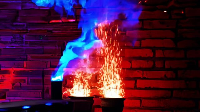Zoom in video of a furious collision of electric blue and red fire flames, explosive fire impact, violent fire patterns against a brick wall, red sparks bounce off brick wall