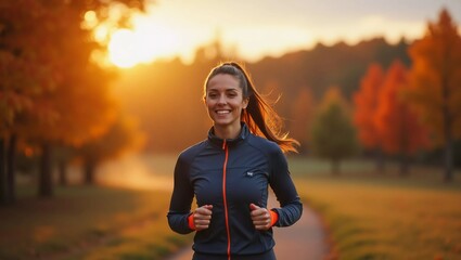 Fototapeta premium Beautiful adult woman is jogging outdoor on cloudy day in autumn.