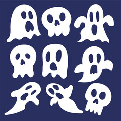 Set of Spooky Ghost and Skull Illustrations on a Dark Background