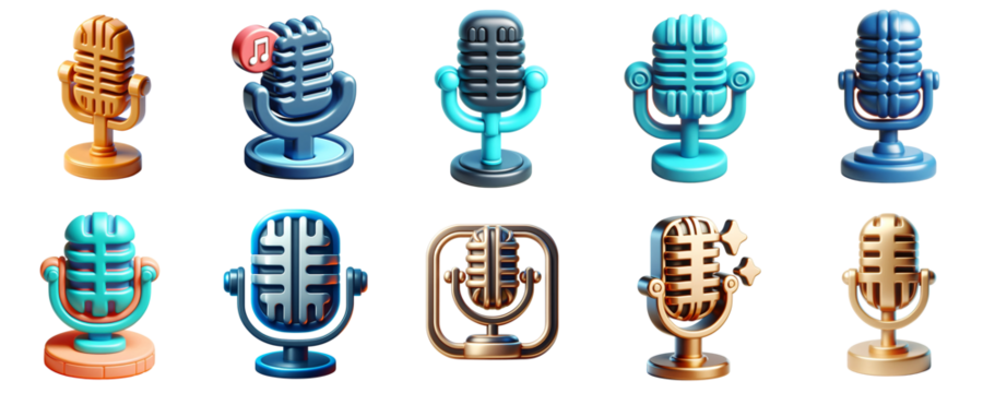 Glossy 3D Microphone Icons Set - Colorful Retro Mic PNG with Transparent Background