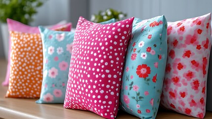 Colorful patterned throw pillows on wood.