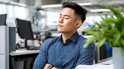 Work-Life Balance in Wellness Workplace man modern office setting closes his eyes appearing calm and focused promoting stress relief therapy
