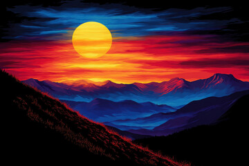 Fototapeta premium A vibrant sunset casts brilliant colors over a layered mountain landscape, showcasing rich hues of orange, red, and blue in a dramatic, artistic style.
