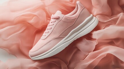 A stylish pink sneaker resting on soft, flowing fabric.
