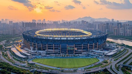 Majestic Stadium at Sunset: A Panoramic View of Modern Sports Architecture