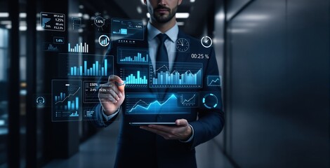 Businessman using tablet with creative futuristic digital financial charts and data analytics interface, in a dark corporate hallway, concept of technology. Ai generative