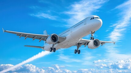 Fototapeta premium Commercial airplane soaring through a vibrant blue sky with fluffy clouds in a dynamic aerial perspective capturing the spirit of modern air travel and adventure