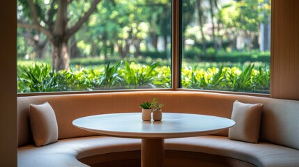 Fototapeta premium Cozy corner seating area with a round table, surrounded by lush greenery and natural light