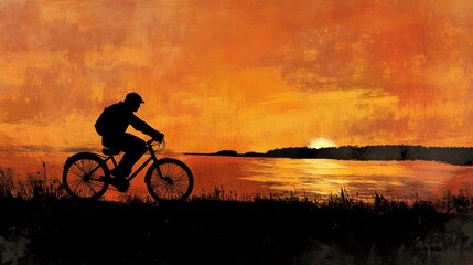 Fototapeta premium A silhouette of a cyclist against a vibrant sunset over a tranquil water body.