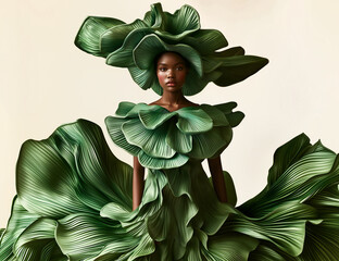 Fashion Concept. Black girl of high fashion couture tulle flowing conceptual and pleats petal like moss green bridal angel dress skirt, hat headpiece. copy text space

