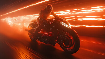 Obraz premium A futuristic motorcycle rider is traveling at high speed in bright light