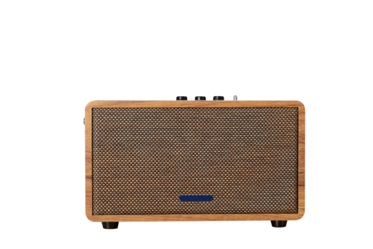 Vintage style guitar amplifier. Old fashioned radio. A pair of vintage wooden audio speakers elegantly on a wooden surface, showcasing craftsmanship and inviting a sense of nostalgia and warmth. - Powered by Adobe