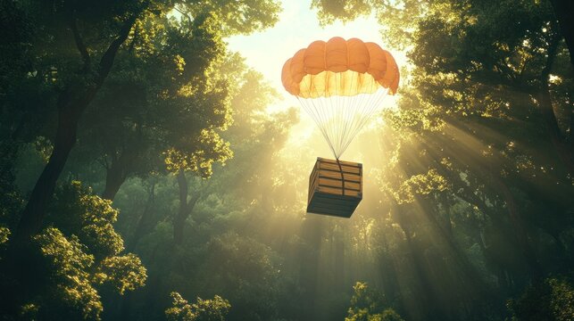 A parachute delivering a crate descends through a sunlit forest.