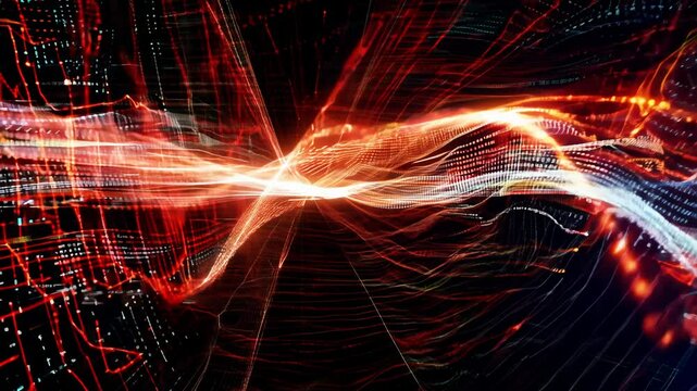 Intense display of red and orange data streams colliding dynamically, streams of binary code interwining against a black, digital backdrop with a slow zoom in