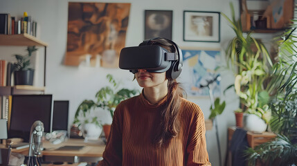 Virtual reality experience home office digital content creative environment front view immersive technology