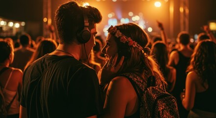 A couple enjoying a music festival under vibrant lights.